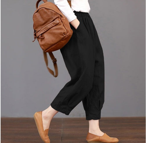 Spring and summer new literary fan women's casual solid color cotton and linen elastic waist wild women's trousers was thin Harlan