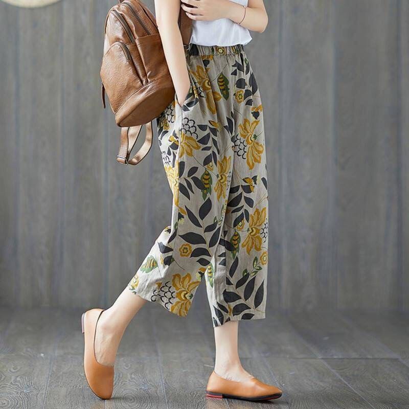 Thin Section Breathable Retro Fashion Nine Point Summer Loose Printed Women's Trousers