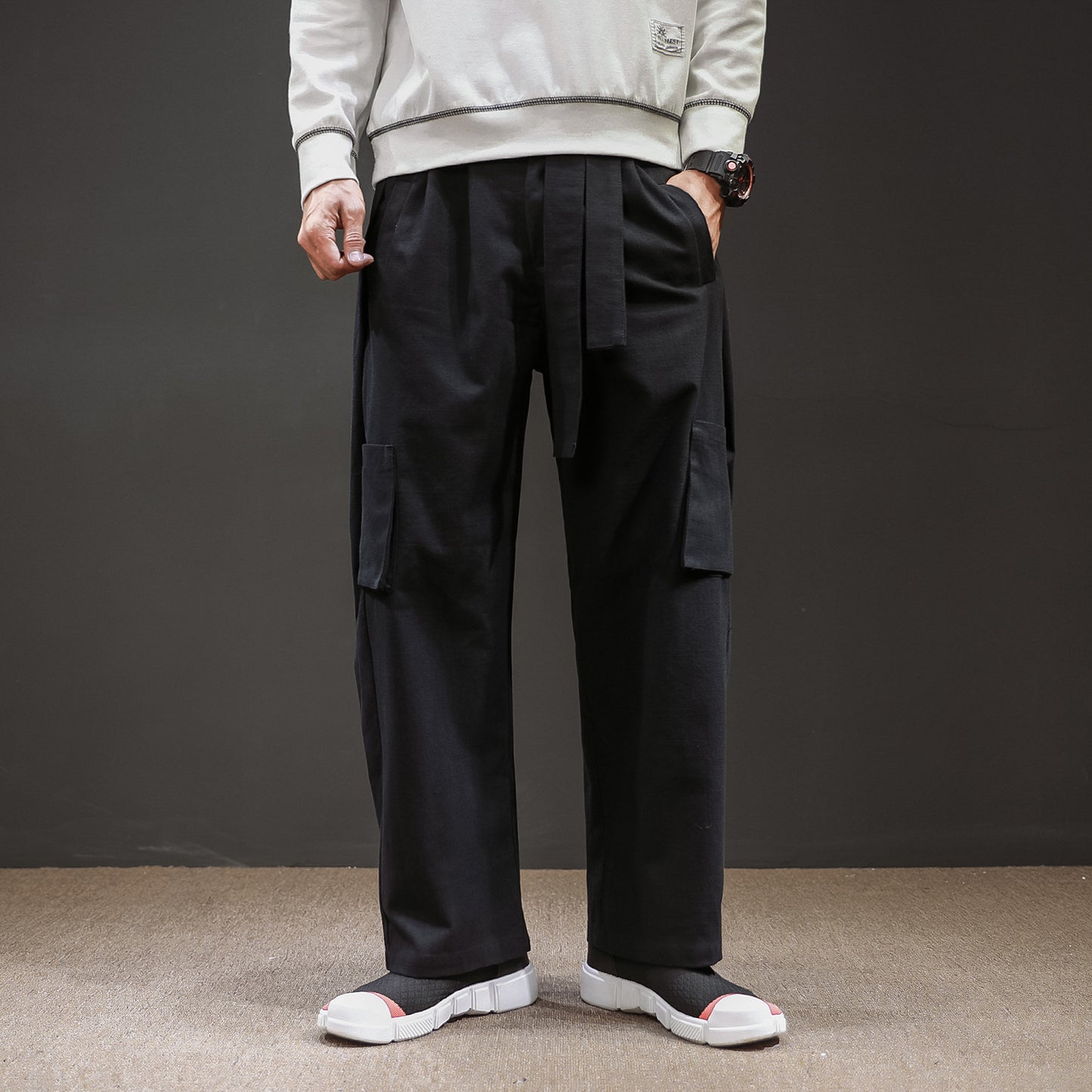 Straight Mid-Waist Lace-Up Cargo Pants