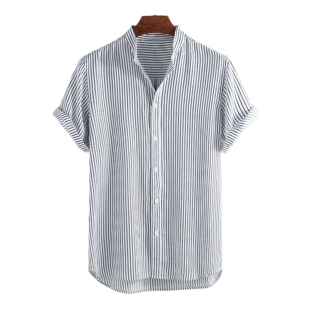 Men's Summer Striped Short Sleeved Stand Up Collar Men's Plus Size Shirt