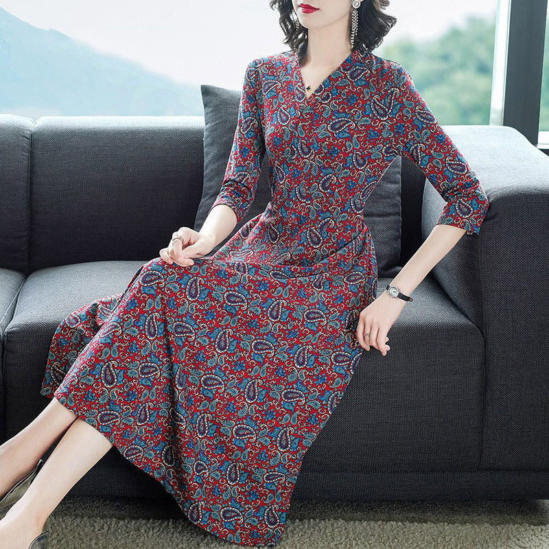 Generous Temperament Slim Dress Mid-Length Middle-Aged And Elderly Printed Mid-Length Base Skirt