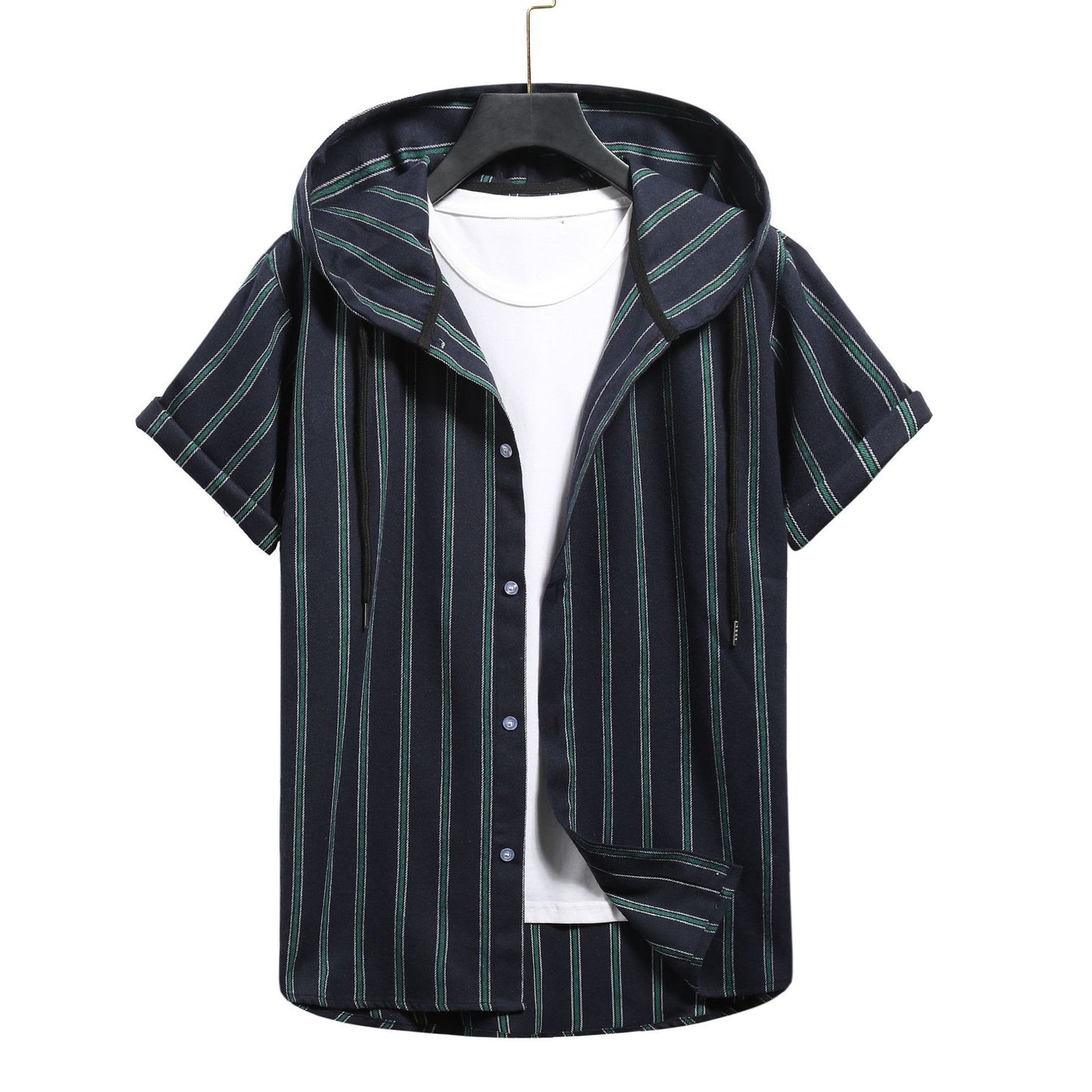 Men's Casual Short-sleeved Striped Hooded Shirt