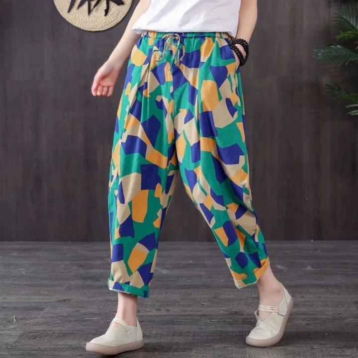 Thin Section Breathable Retro Fashion Nine Point Summer Loose Printed Women's Trousers