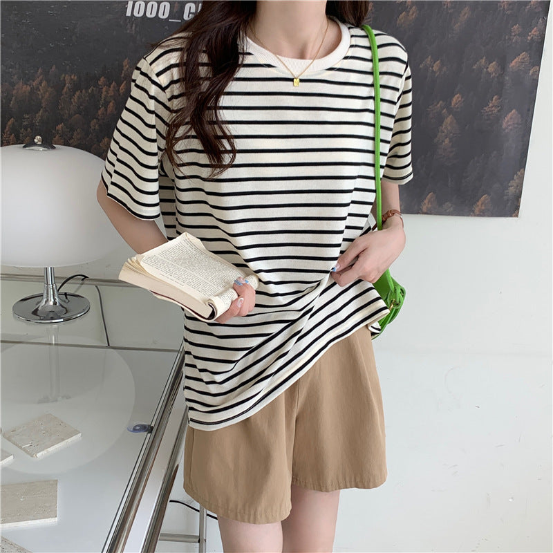 New Korean Style Back Patch Striped Short-sleeved Women's T-shirt