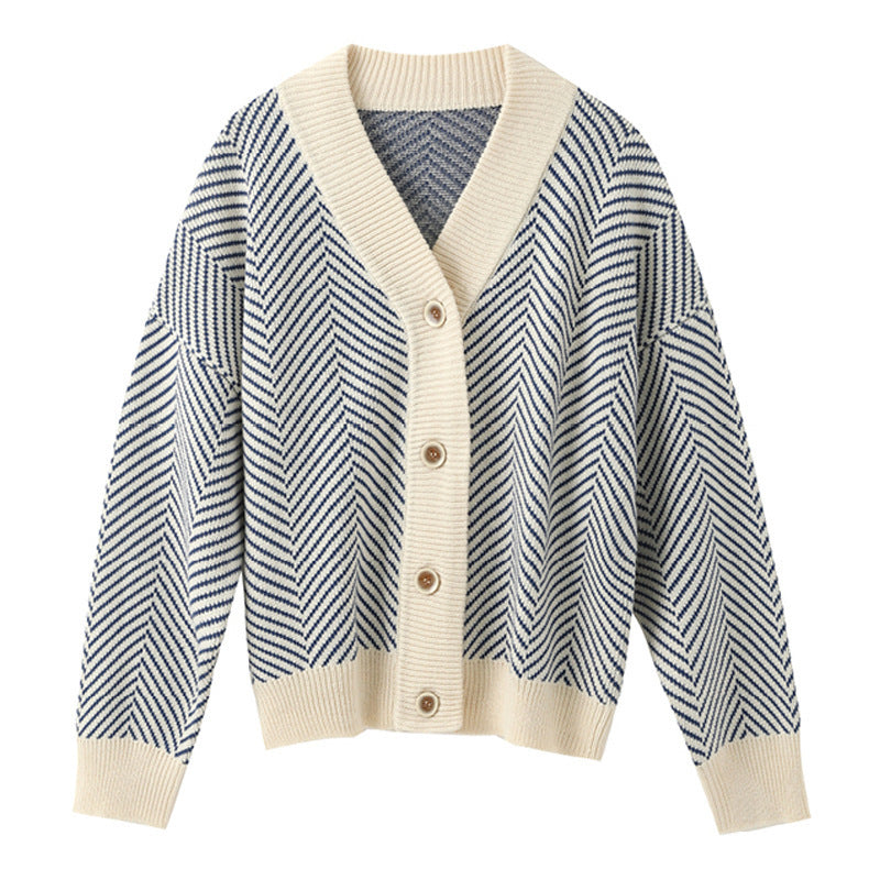 V Neck Diamond Striped Lazy Style Literary Knit Cardigan Jacket