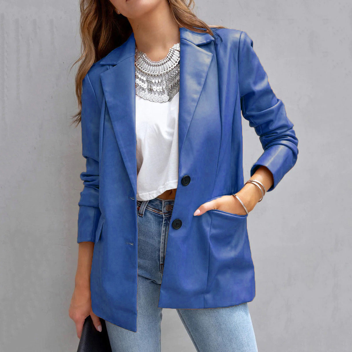 Long Sleeve Button Pu Cardigan Coat For Women