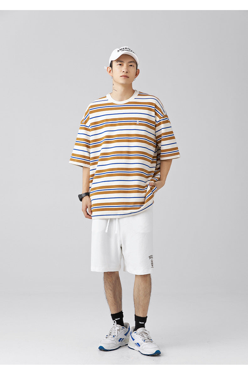 Men's Retro Contrast Color Striped Loose All-match Short Sleeve