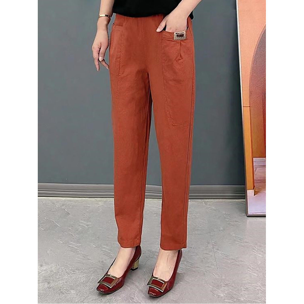 Women's Washed Cotton Summer Stretch Fashion Elastic Waist Cropped Pants