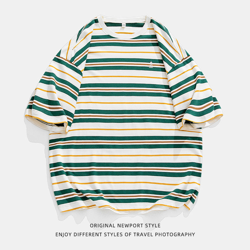 Men's Retro Contrast Color Striped Loose All-match Short Sleeve