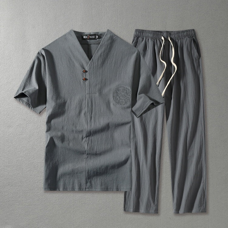 Cotton And Linen Large Size Casual Suit Loose V-neck Short Sleeve Two-piece Set