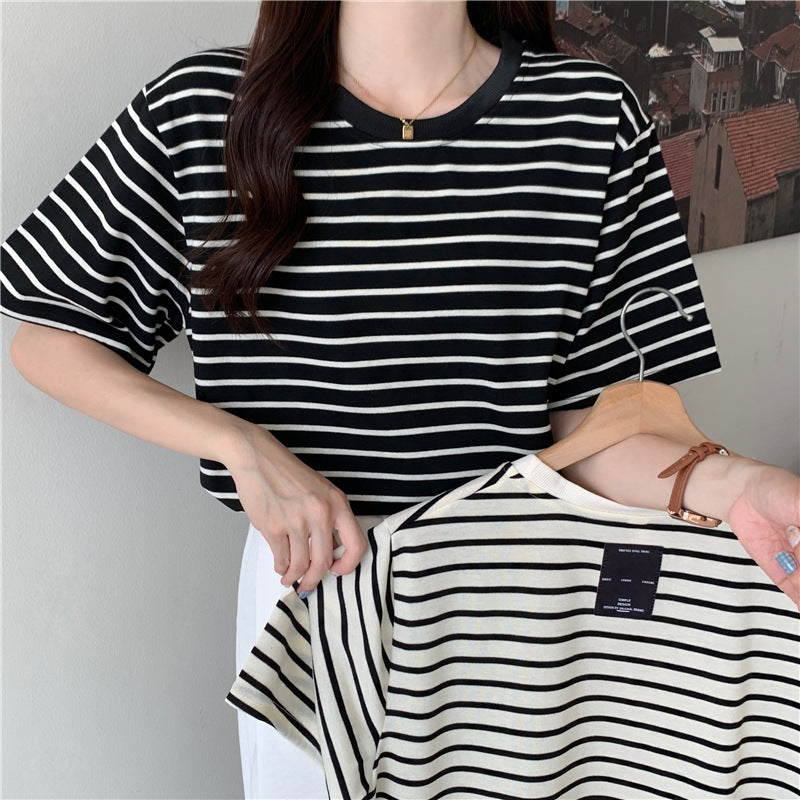 New Korean Style Back Patch Striped Short-sleeved Women's T-shirt