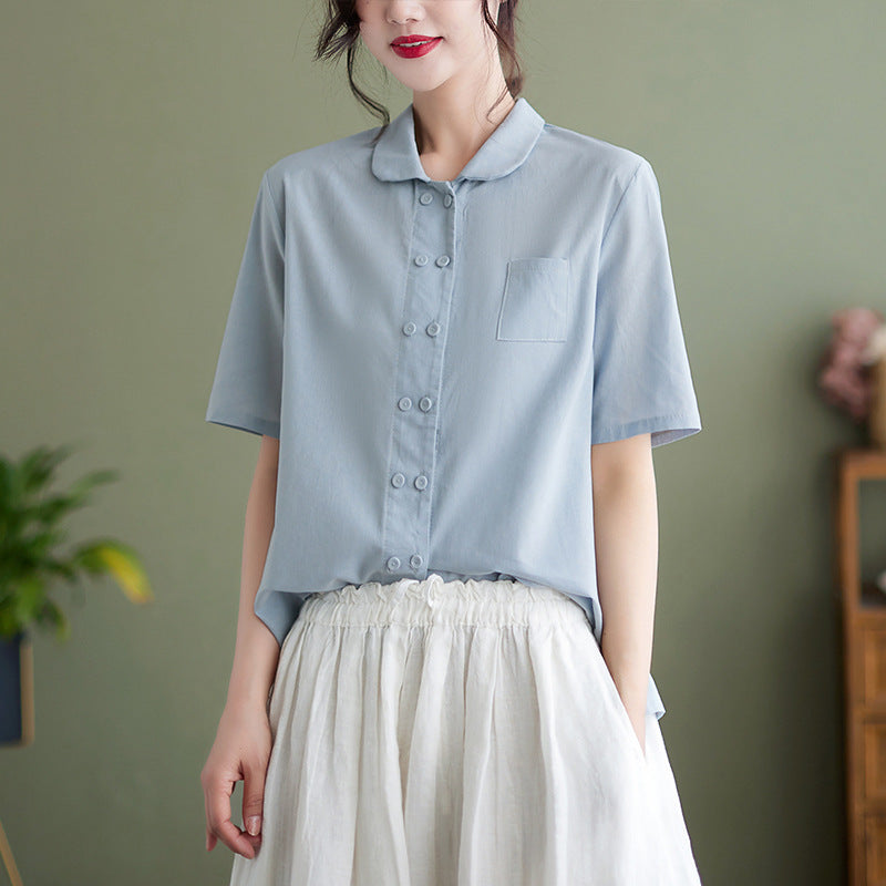 Summer New Artistic Loose Solid Color Retro Short Sleeve Shirt Top Women