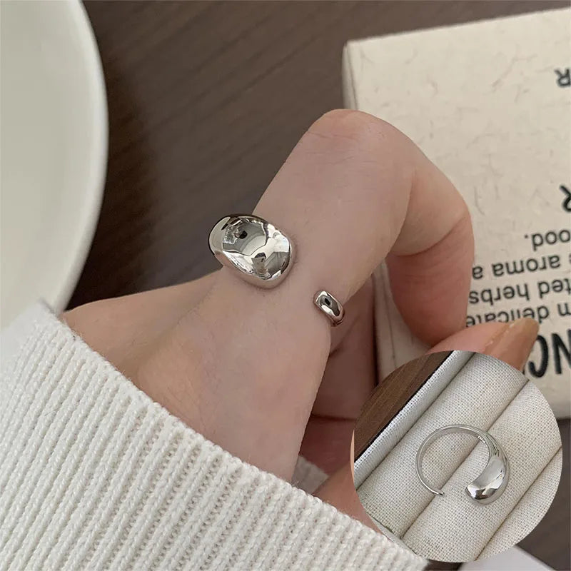 PANJBJ 925 Sterling Silver Wide Smooth Ring for Women Girl Irregular Simple Fashion Adjustable Jewelry Gift Dropshipping