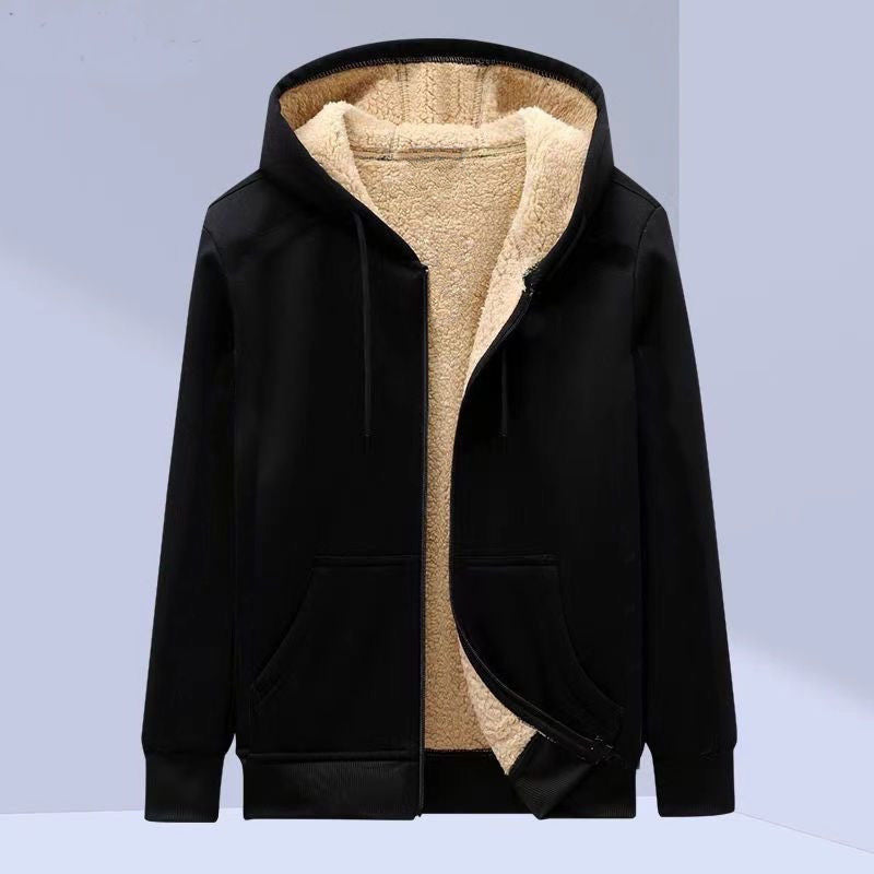 Men's Fleece-lined Thickened Hooded Sweatshirt Teenagers Cardigan Top