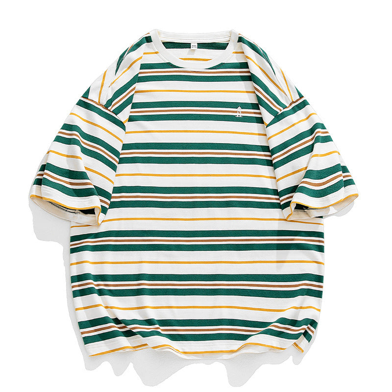 Men's Retro Contrast Color Striped Loose All-match Short Sleeve