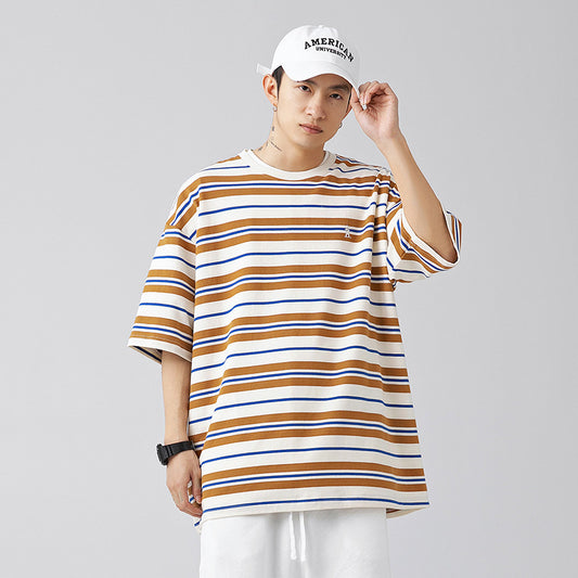 Men's Retro Contrast Color Striped Loose All-match Short Sleeve