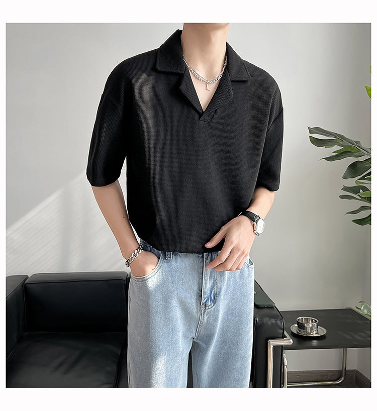 Ins Springsummer Plain Short Sleeve Polo Knitted Loose Drop-shoulder Sleeve Half Sleeve