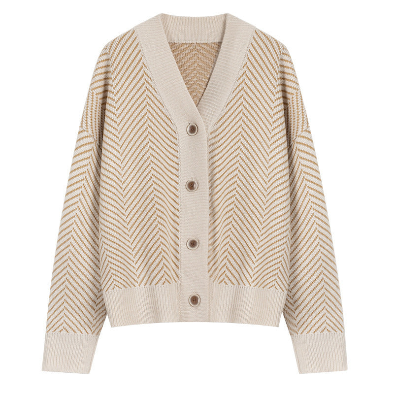 V Neck Diamond Striped Lazy Style Literary Knit Cardigan Jacket