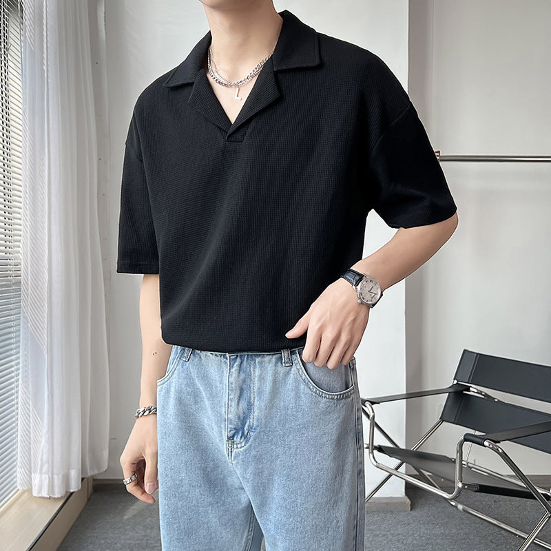 Ins Springsummer Plain Short Sleeve Polo Knitted Loose Drop-shoulder Sleeve Half Sleeve