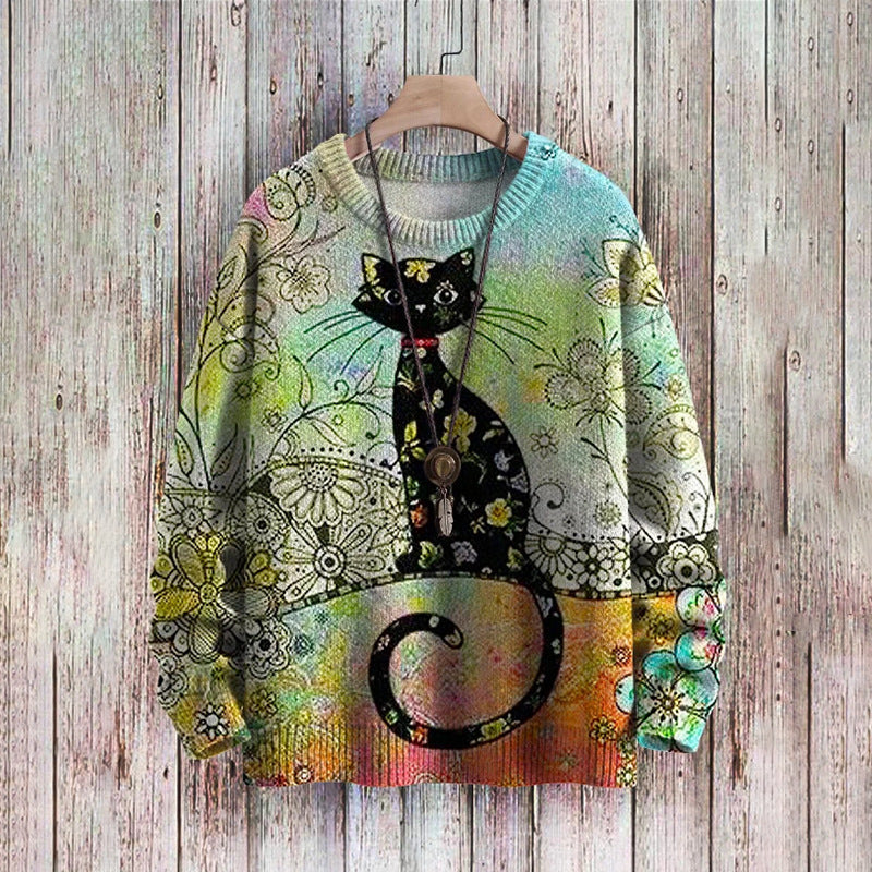 Abstract Style Digital Printing Drop-shoulder Long Sweater