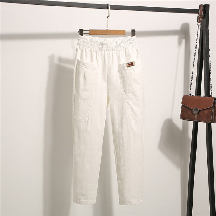 Women's Washed Cotton Summer Stretch Fashion Elastic Waist Cropped Pants