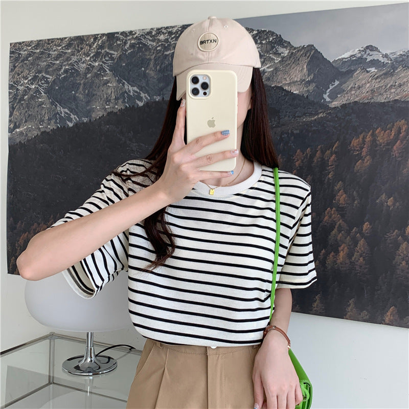 New Korean Style Back Patch Striped Short-sleeved Women's T-shirt